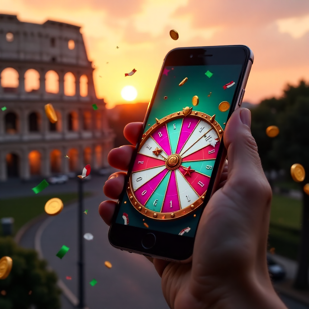 A hand holding a high-end smartphone displaying the official Crazy Time live wheel with vibrant pink and teal interface, background is the Roman Colosseum at sunset with Italian tricolor green-white-red confetti and golden coins exploding from the screen,
